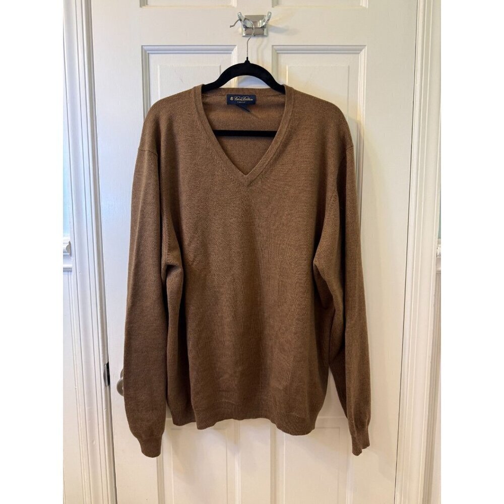 Brooks Brothers Merino Wool Stretch V-Neck Tight Knit Brown Mens Sweater Size XL